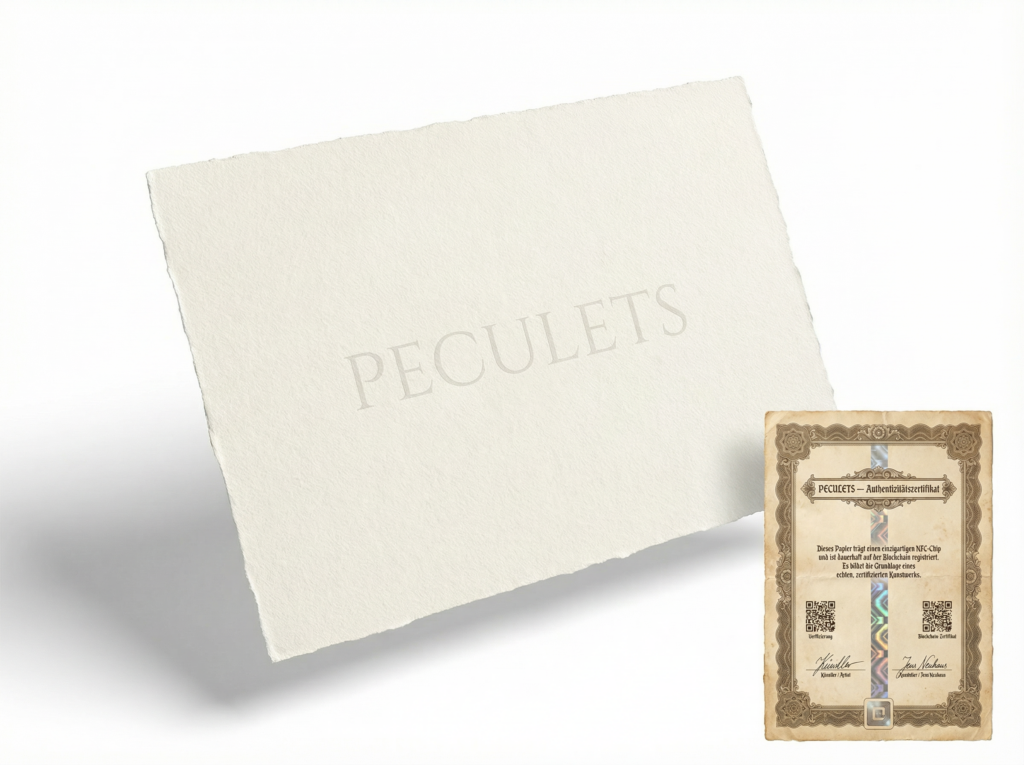 Peculets Spezialpapier Einzelbogen: cremeweißer Bogen mit Peculets-Prägung, daneben das Echtheitszertifikat der Rückseite