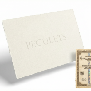 Peculets Spezialpapier Einzelbogen: cremeweißer Bogen mit Peculets-Prägung, daneben das Echtheitszertifikat der Rückseite