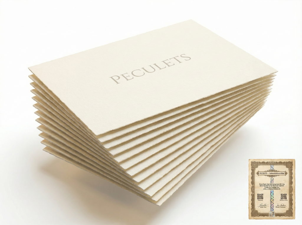 Peculets Künstler-Set: Stapel aus zehn Bögen Spezialpapier mit Peculets-Prägung und Echtheitszertifikat