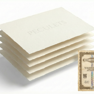 Peculets Starter-Set: fünf gestapelte Bögen Spezialpapier mit Peculets-Prägung und Echtheitszertifikat