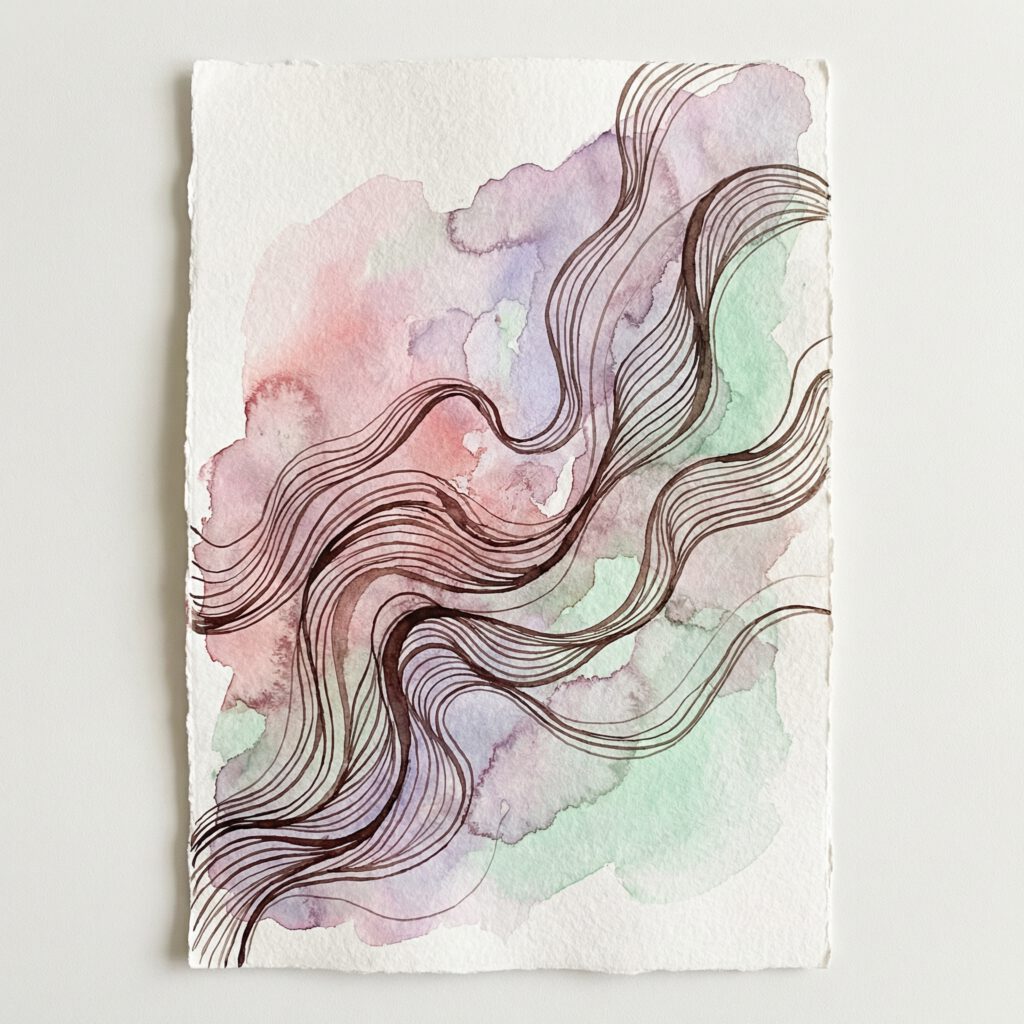 Beatitudes Lettering Art: geschwungene Tuschelinien über Aquarell in Rosé, Lavendel und Mintgrün