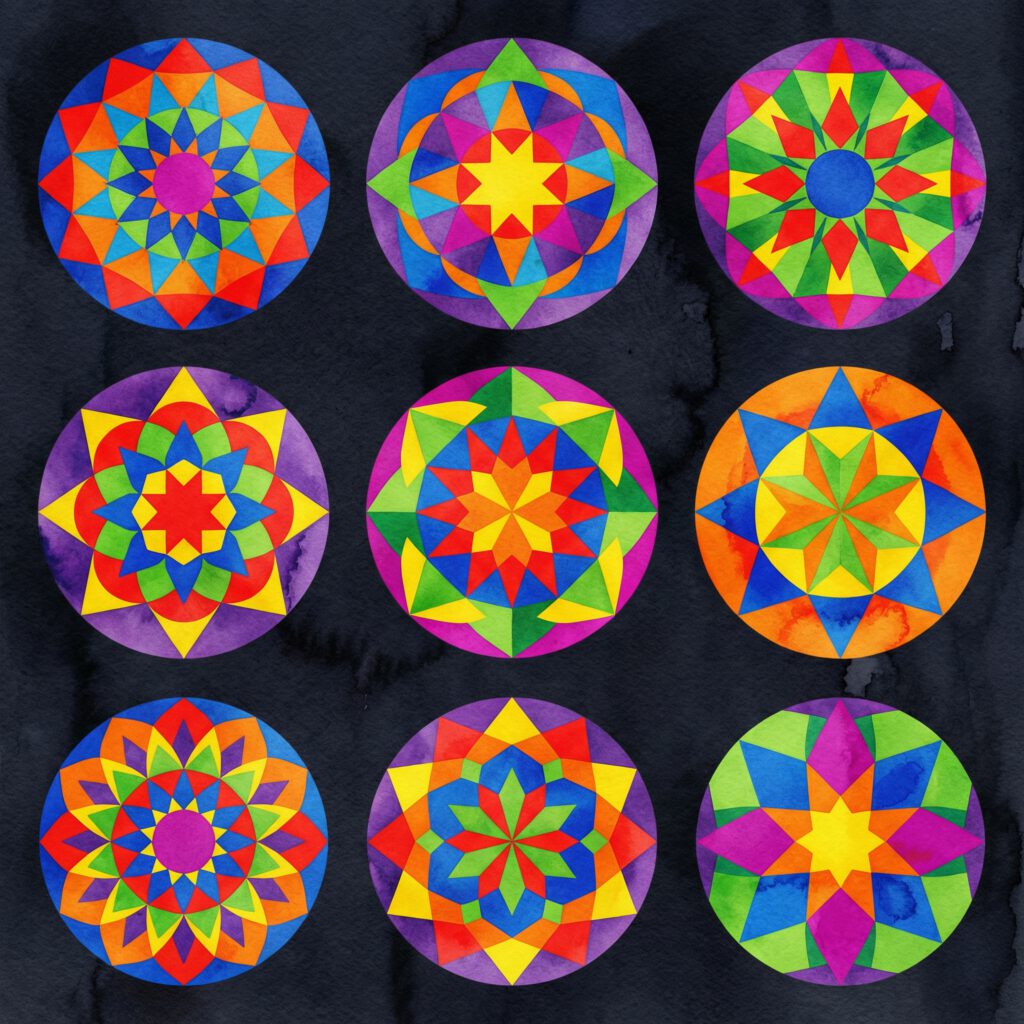 Fruits of the Spirit Geometric: neun farbige geometrische Mandalas auf dunklem Grund