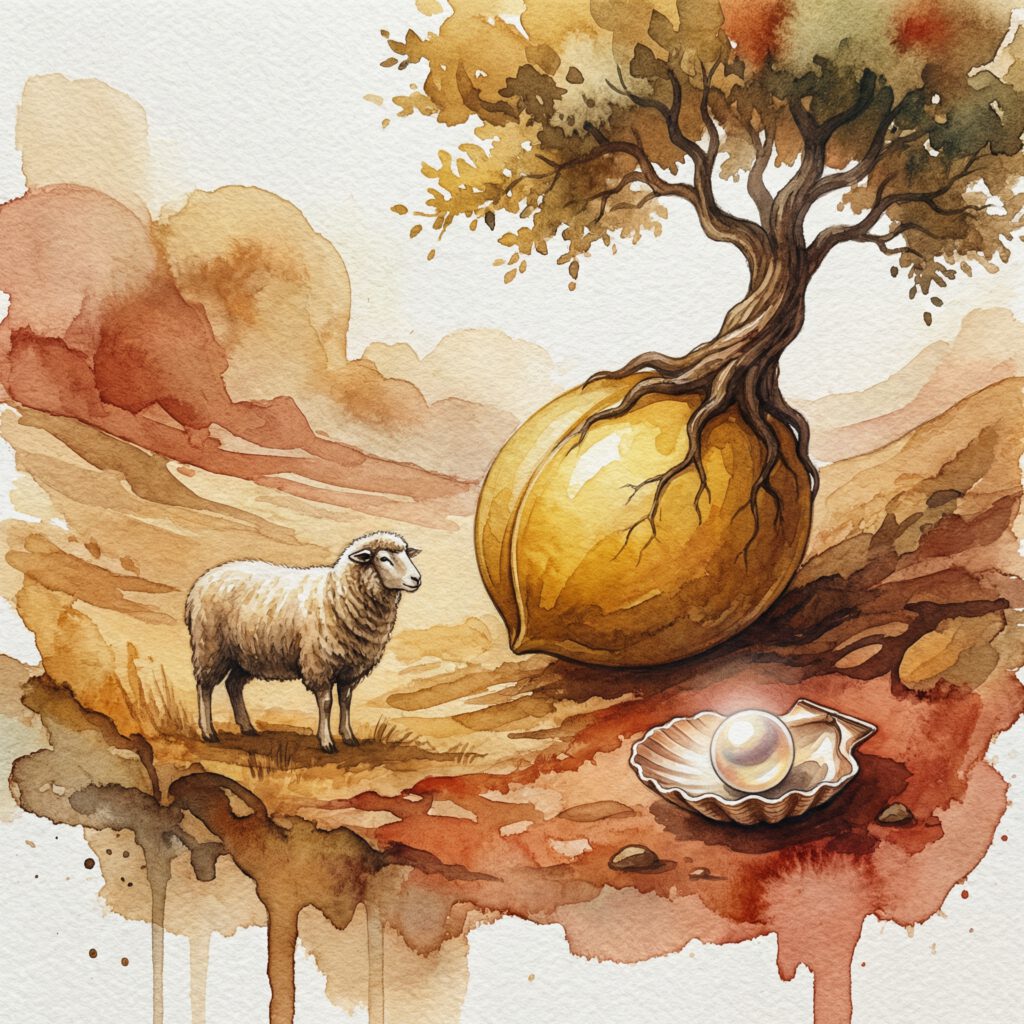 Parables Symbolic Composition: Schaf, großes Senfkorn mit Baum und Perle in einer Muschel in warmen Erdtönen
