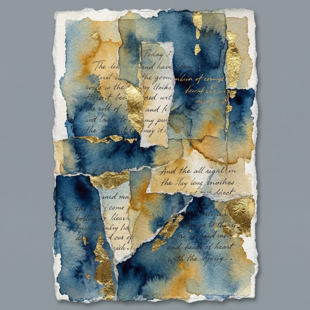Psalms Mixed Media: zerrissene Papierschichten mit Aquarell in Blau und Ocker, Blattgold und handgeschriebenen Textfragmenten