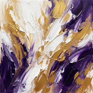 Resurrection Abstract: pastose Pinselstriche in Weiß, Gold und Violett mit dynamischer Aufwärtsbewegung