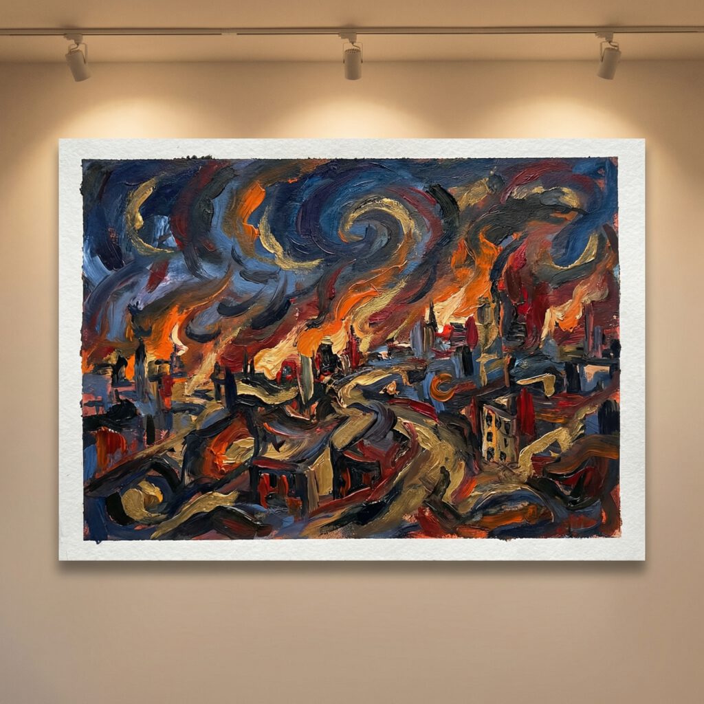 Revelation Vision Expressionist: brennende Stadt unter wirbelndem Himmel in Feuerrot, Tiefblau und Gold